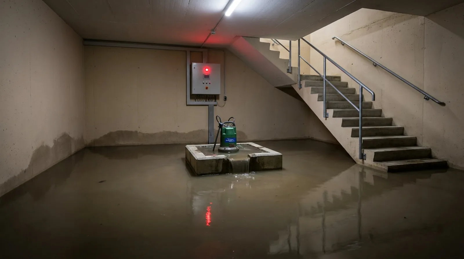 Local technique inondé eaux usées avant intervention SOS Relevage