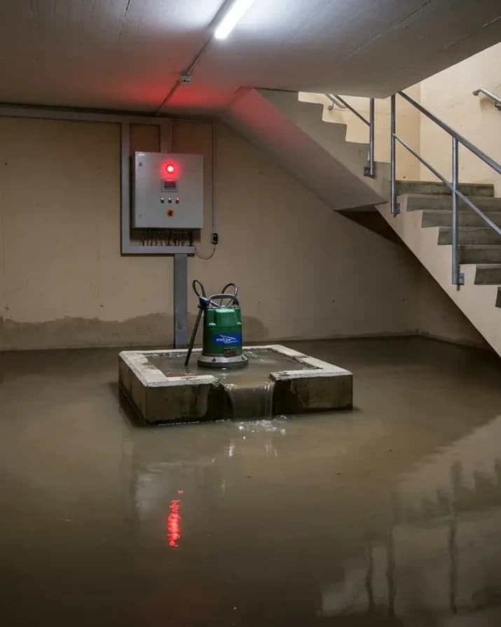 Local technique d'immeuble inondé par les eaux usées, pompe de relevage en panne et alarme au rouge