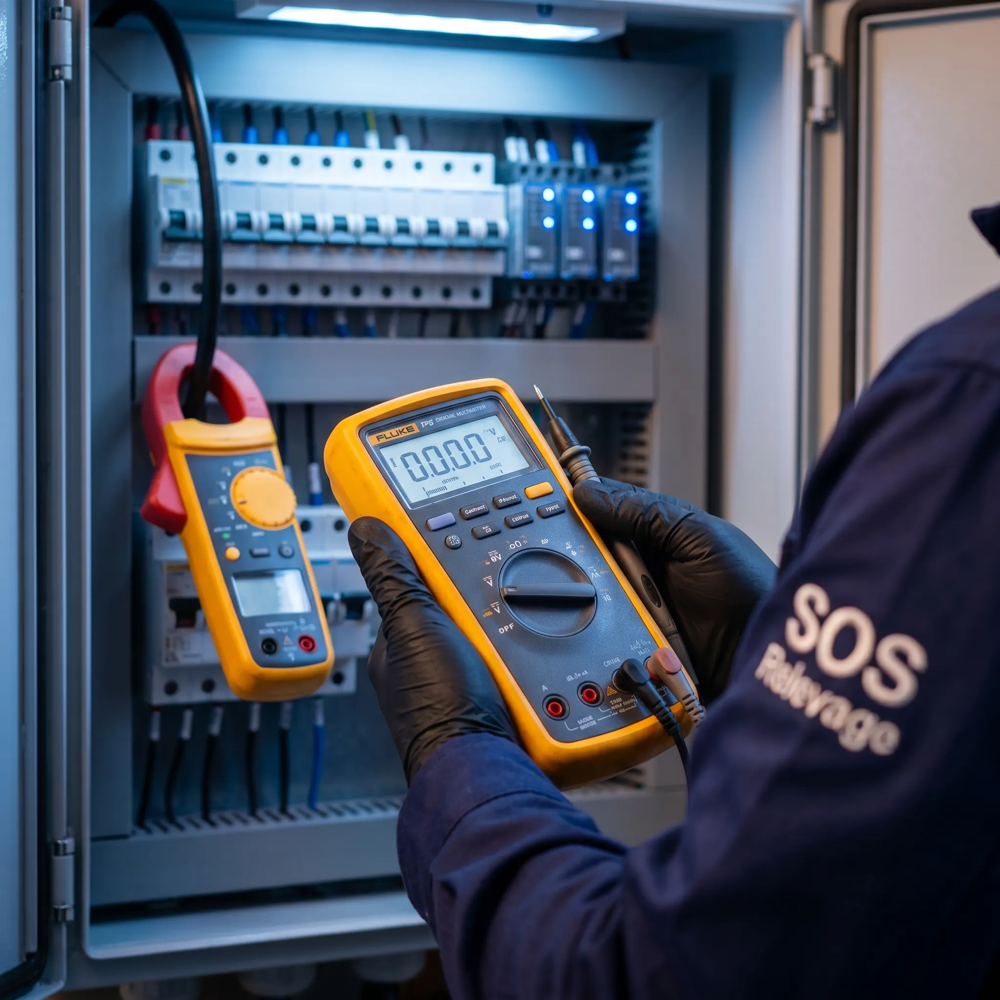Multimètre Fluke et pince ampèremétrique sur tableau électrique IP65 lors d'un diagnostic SOS Relevage